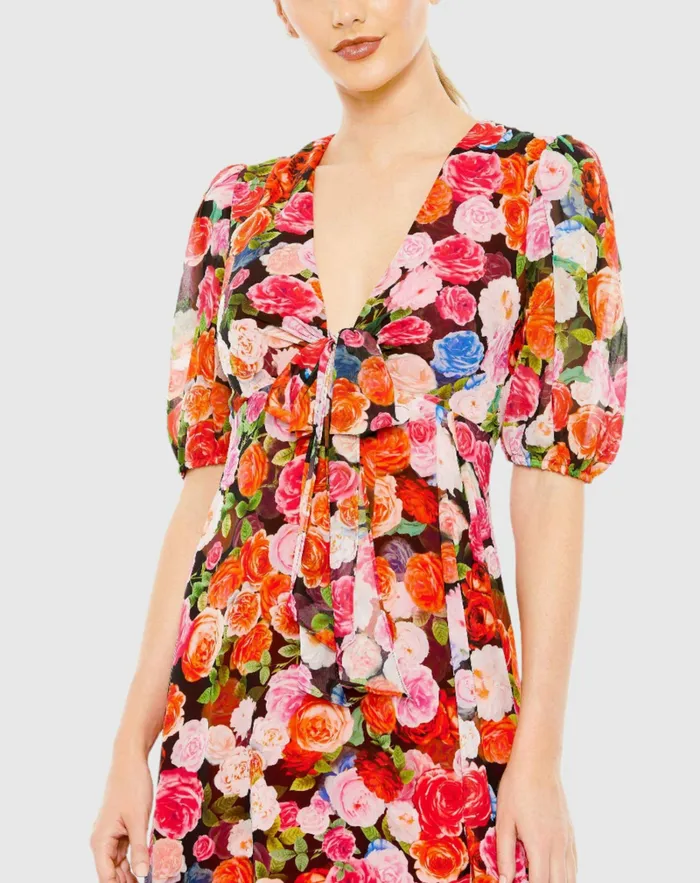 Floral Print Front Tie Puff Sleeve Flowy Midi Dress Rose Multi Daytime Dresses Mac Duggal Women
