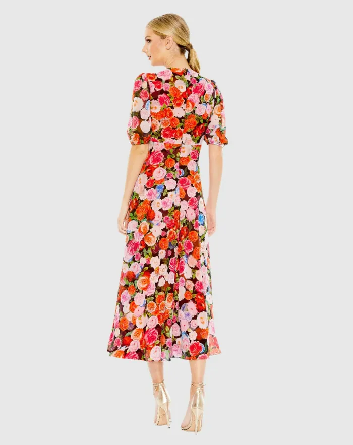 Floral Print Front Tie Puff Sleeve Flowy Midi Dress Rose Multi Daytime Dresses Mac Duggal Women