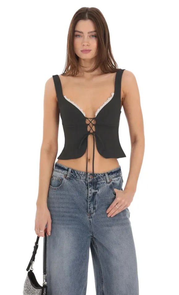 Front Tie Vest Top Black Women LUCY IN THE SKY Tops