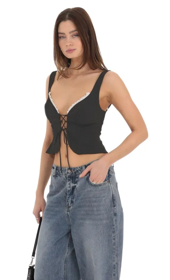 Front Tie Vest Top Black Women LUCY IN THE SKY Tops Front Tie Vest Top Black Women LUCY IN THE SKY Tops