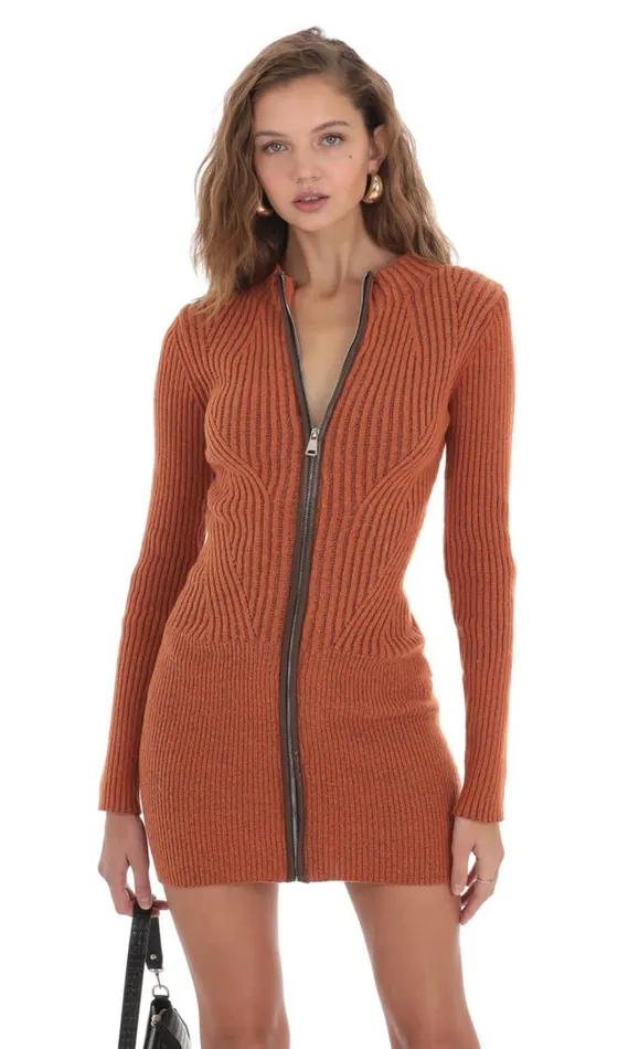 Front Zip Knit Dress Orange Women LUCY IN THE SKY Mini Dresses