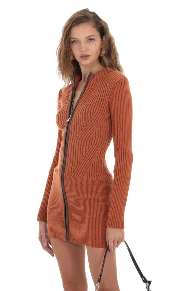 Front Zip Knit Dress Orange Women LUCY IN THE SKY Mini Dresses