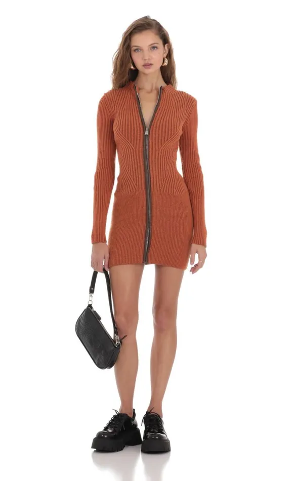 Front Zip Knit Dress Orange Women LUCY IN THE SKY Mini Dresses