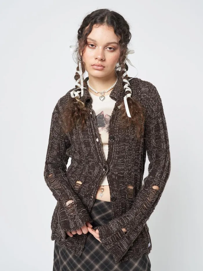 Gem Brown Distressed Knit Cardigan Women Minga London Knitwear