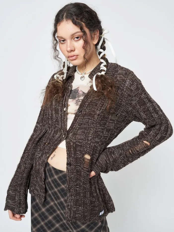 Gem Brown Distressed Knit Cardigan Women Minga London Knitwear