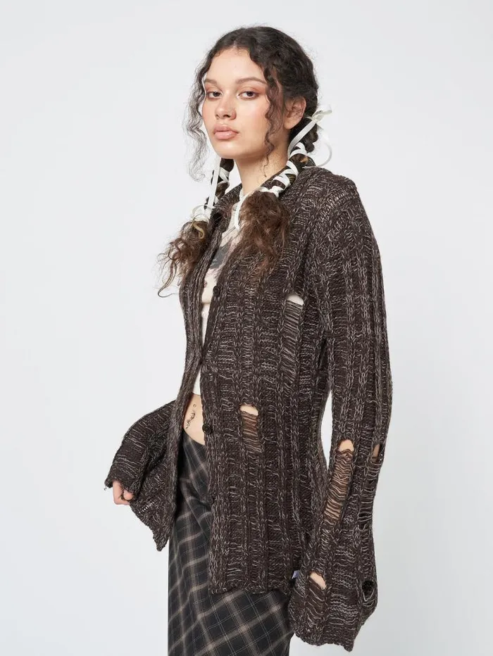 Gem Brown Distressed Knit Cardigan Women Minga London Knitwear