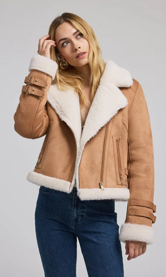 Generation Love Clothing Outerwear Dion Vegan Suede Shearling Moto Jacket Cognacwhite 8211 Women