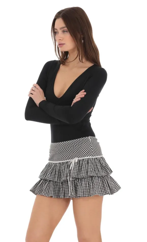 Gingham Ruffle Skirt Black And White Women LUCY IN THE SKY Shorts