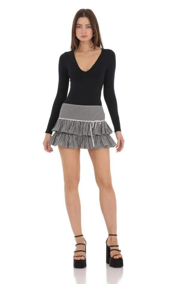 Gingham Ruffle Skirt Black And White Women LUCY IN THE SKY Shorts