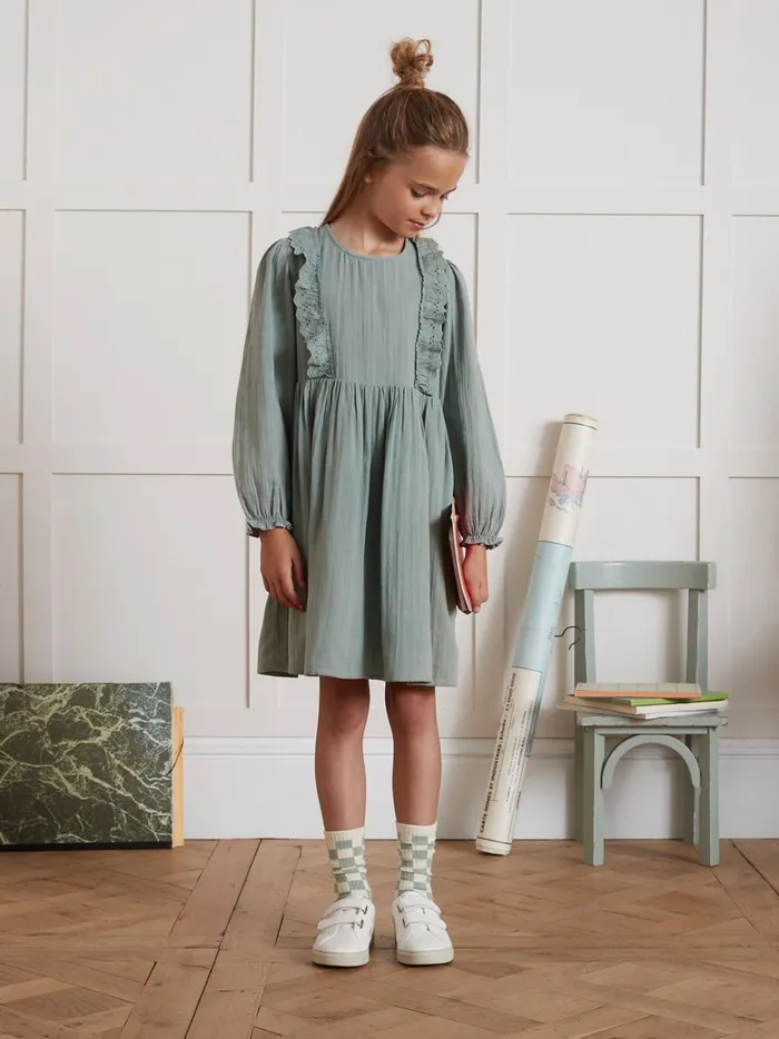 Girls Clothing Cyrillus Cotton Gauze Dress Vert De Gris
