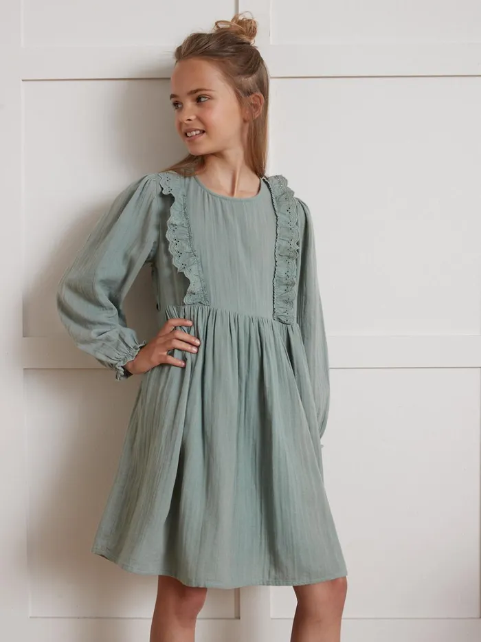 Girls Clothing Cyrillus Cotton Gauze Dress Vert De Gris