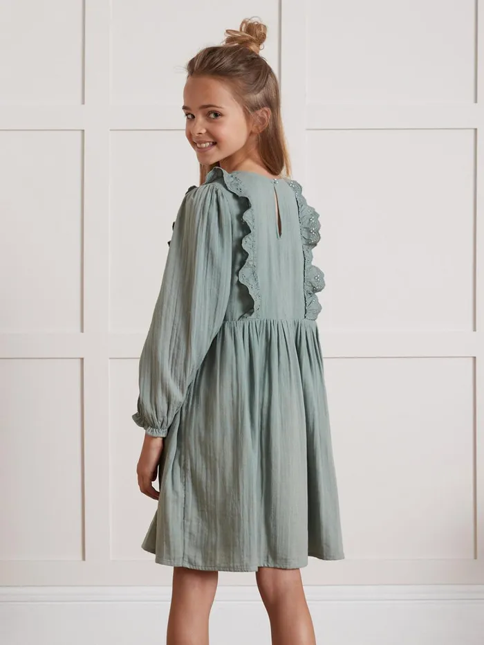 Girls Clothing Cyrillus Cotton Gauze Dress Vert De Gris
