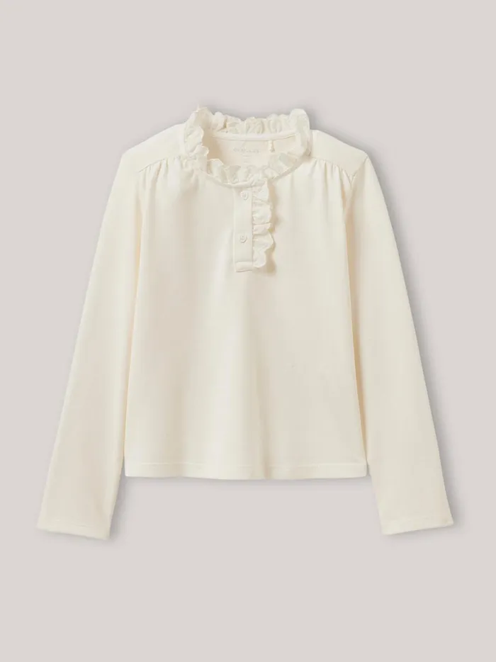 Girls Clothing Cyrillus TShirt With Embroidered High Neckline 8211 Organic Cotton Ecru