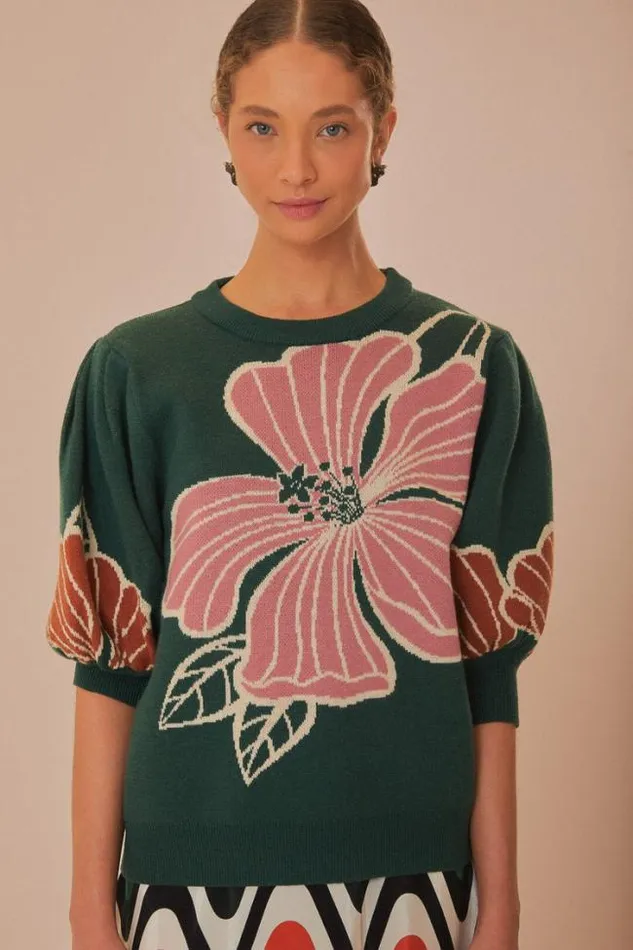 Green Honolulu Flowers Knit Sweater Women FARM Rio Sweaters and Sweatshirts