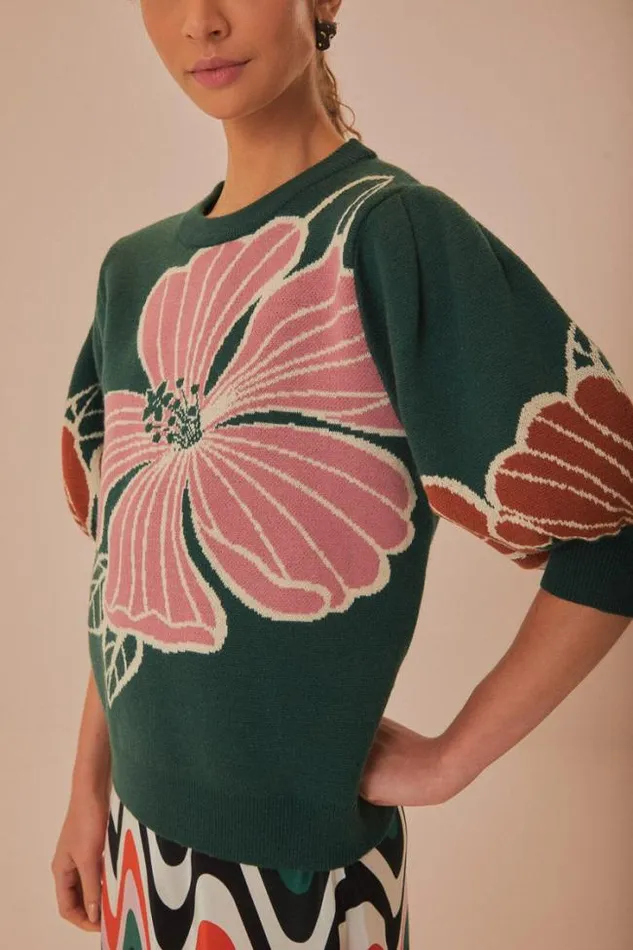 Green Honolulu Flowers Knit Sweater Women FARM Rio Sweaters and Sweatshirts