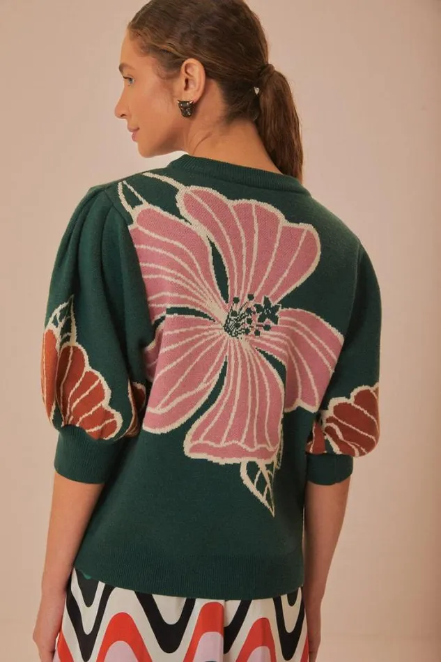 Green Honolulu Flowers Knit Sweater Women FARM Rio Sweaters and Sweatshirts