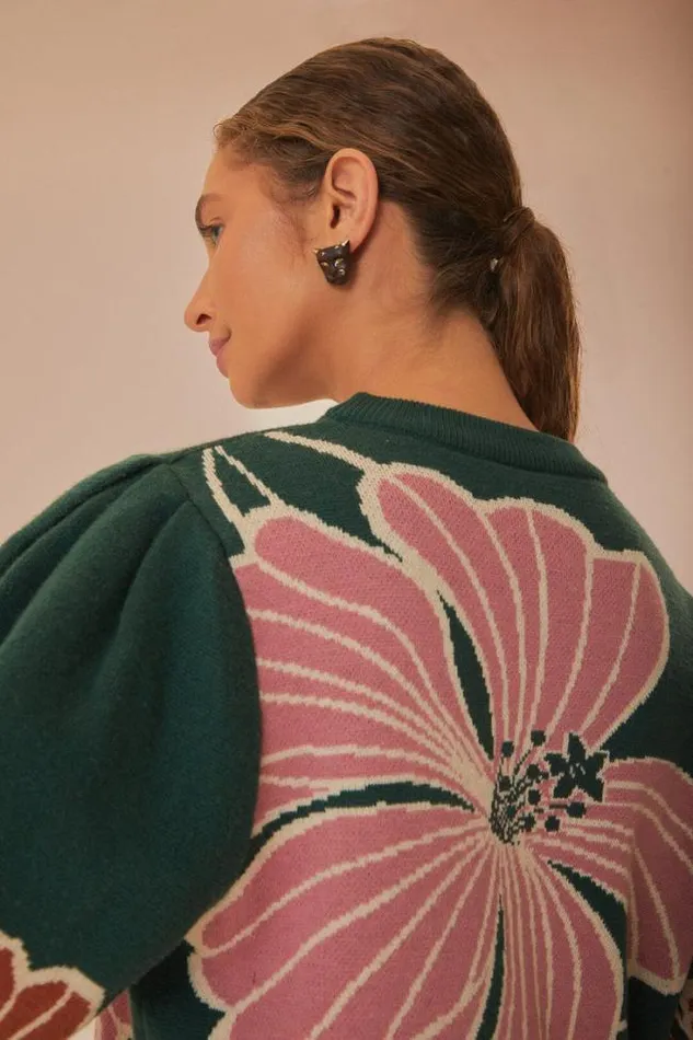 Green Honolulu Flowers Knit Sweater Women FARM Rio Sweaters and Sweatshirts