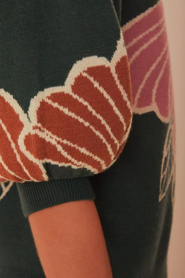 Green Honolulu Flowers Knit Sweater Women FARM Rio Sweaters and Sweatshirts