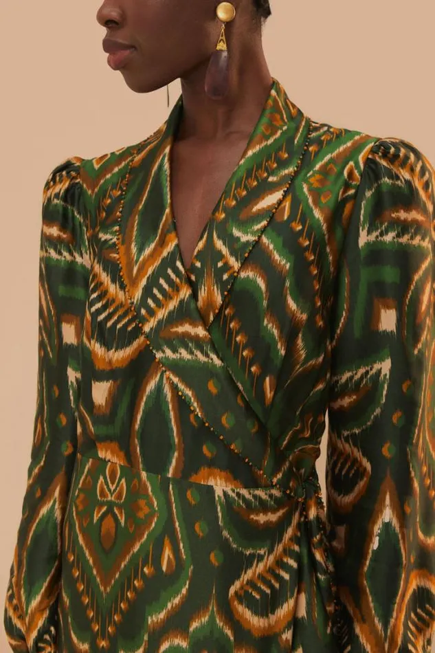 Green Pineapple Ikat Long Sleeve Midi Dress Women FARM Rio Midi Dresses