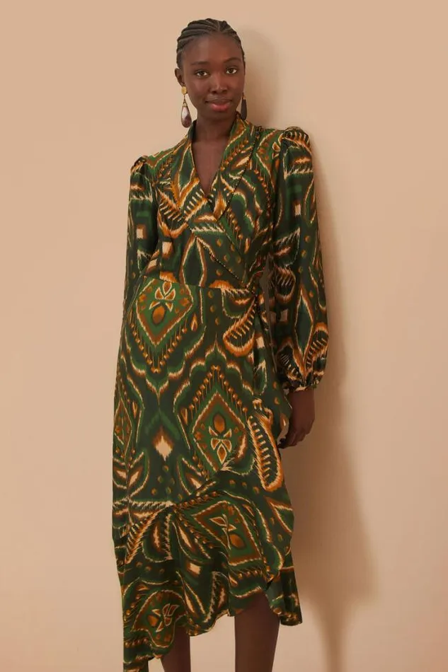 Green Pineapple Ikat Long Sleeve Midi Dress Women FARM Rio Midi Dresses