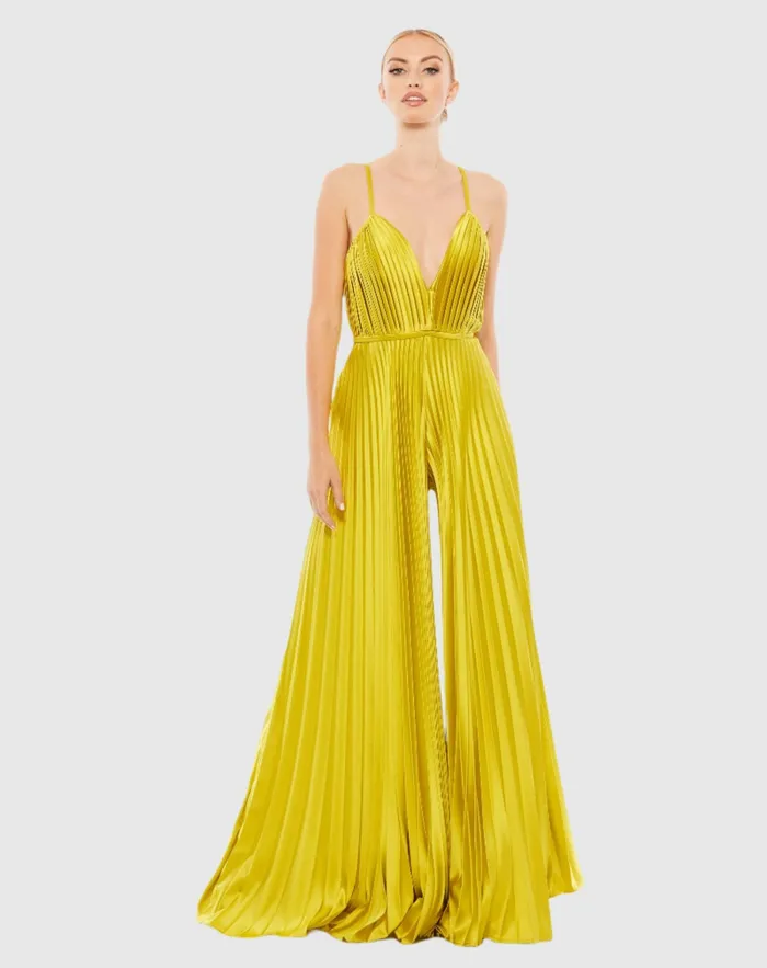 Green Pleated Plunge Neck Wide Leg Jumpsuit Chartreuse Jumpsuits and Rompers Mac Duggal Women Green Pleated Plunge Neck Wide Leg Jumpsuit Chartreuse Jumpsuits and Rompers Mac Duggal Women