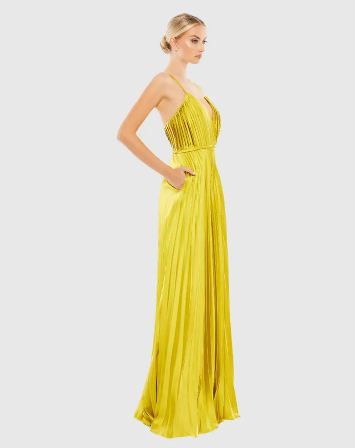 Green Pleated Plunge Neck Wide Leg Jumpsuit Chartreuse Jumpsuits and Rompers Mac Duggal Women