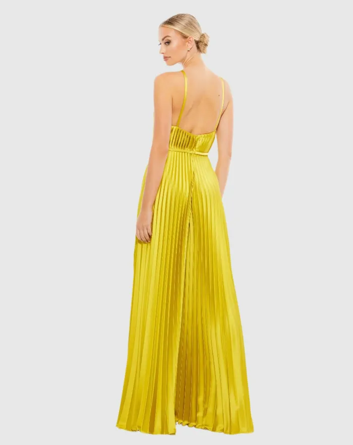 Green Pleated Plunge Neck Wide Leg Jumpsuit Chartreuse Jumpsuits and Rompers Mac Duggal Women