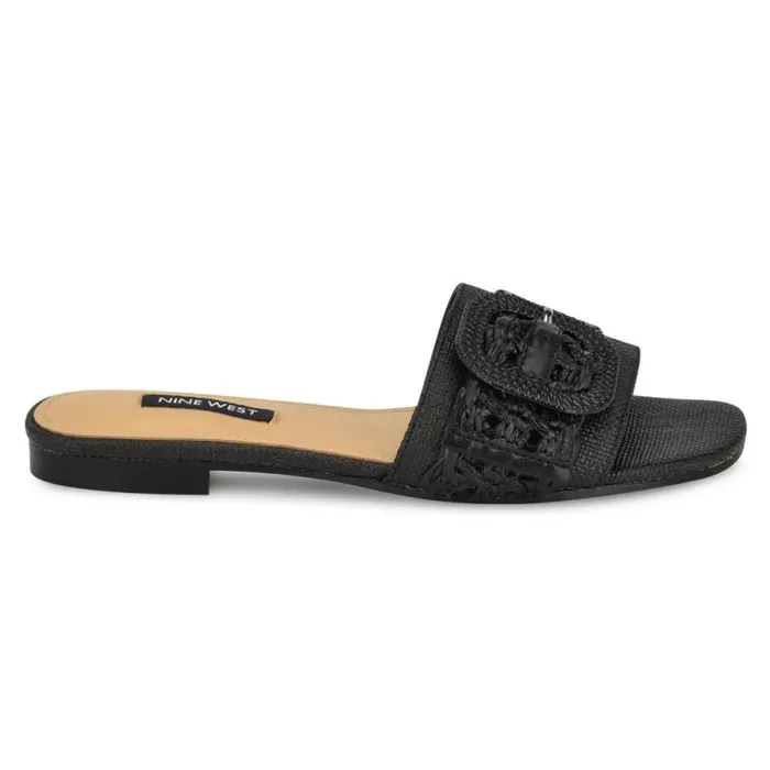 Hagleigh Flat Slide Sandals Black Raffia Women Nine West Sandals
