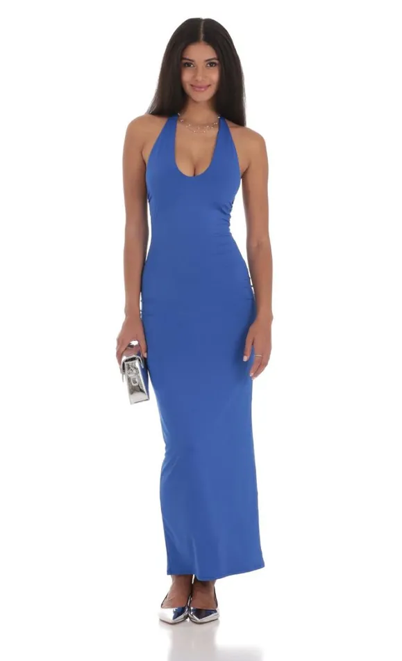 Halter Bodycon Maxi Dress Blue Women LUCY IN THE SKY Maxi Dresses