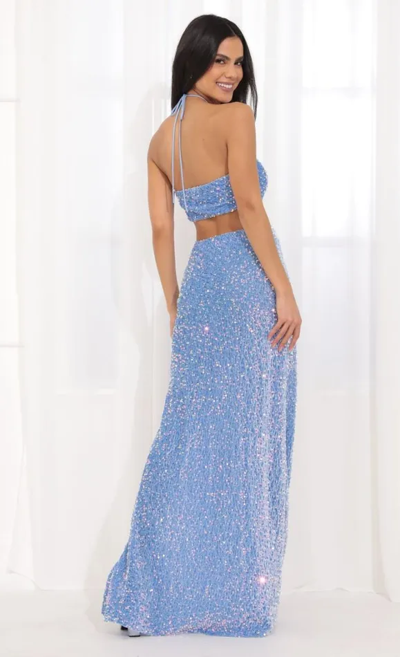 Halter Sequin Maxi Dress Blue Women LUCY IN THE SKY Maxi Dresses