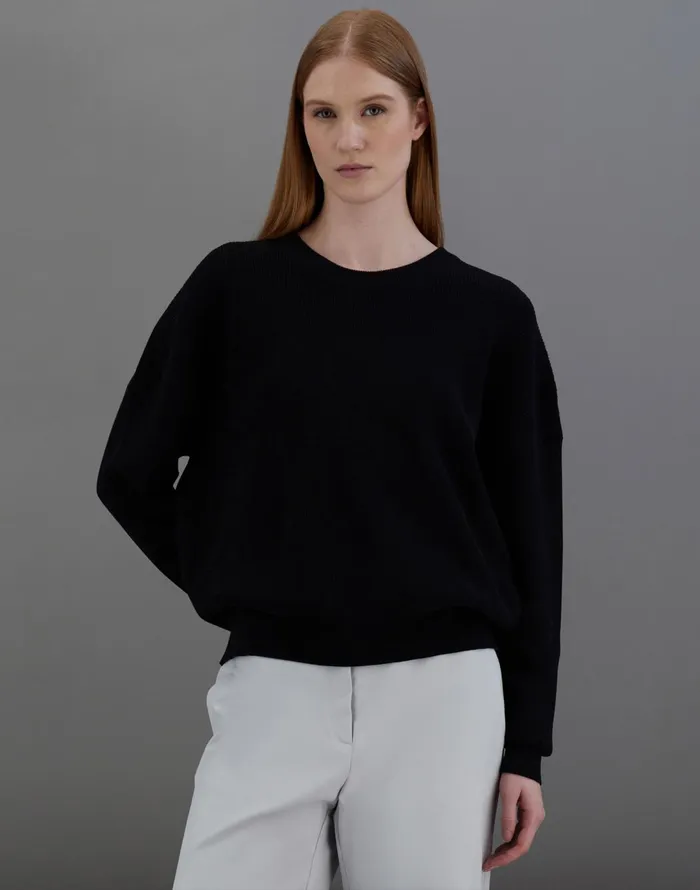 Herno LAMINAR SWEATER IN COTTON and WOOL KNIT Black Women Sweaters and Cardigan