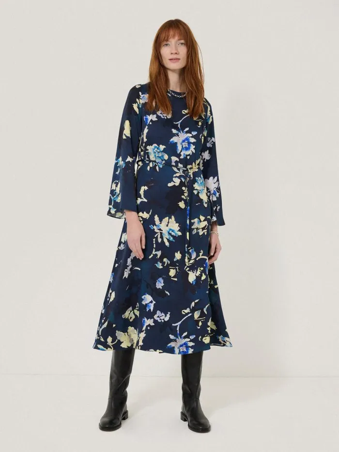 Hidden Floral Satin Dress Navy Women Jigsaw Dresses and Jumpsuits