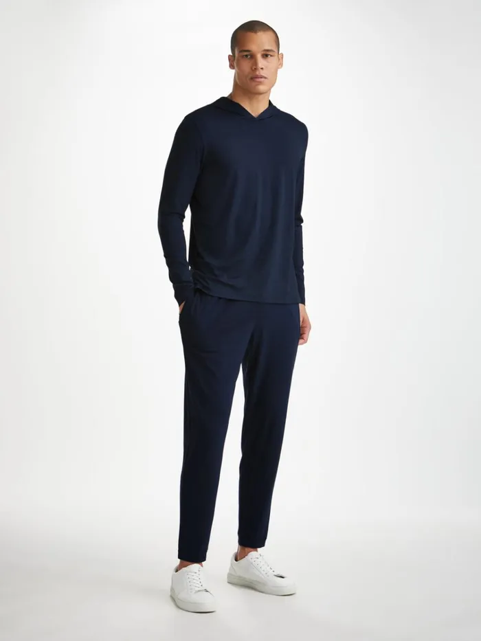 Hooded Tops Men Derek Rose Pullover Hoodie Basel Micro Modal Stretch Navy