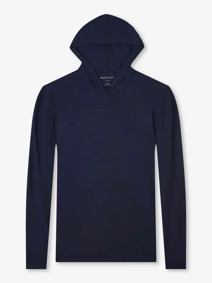 Hooded Tops Men Derek Rose Pullover Hoodie Basel Micro Modal Stretch Navy