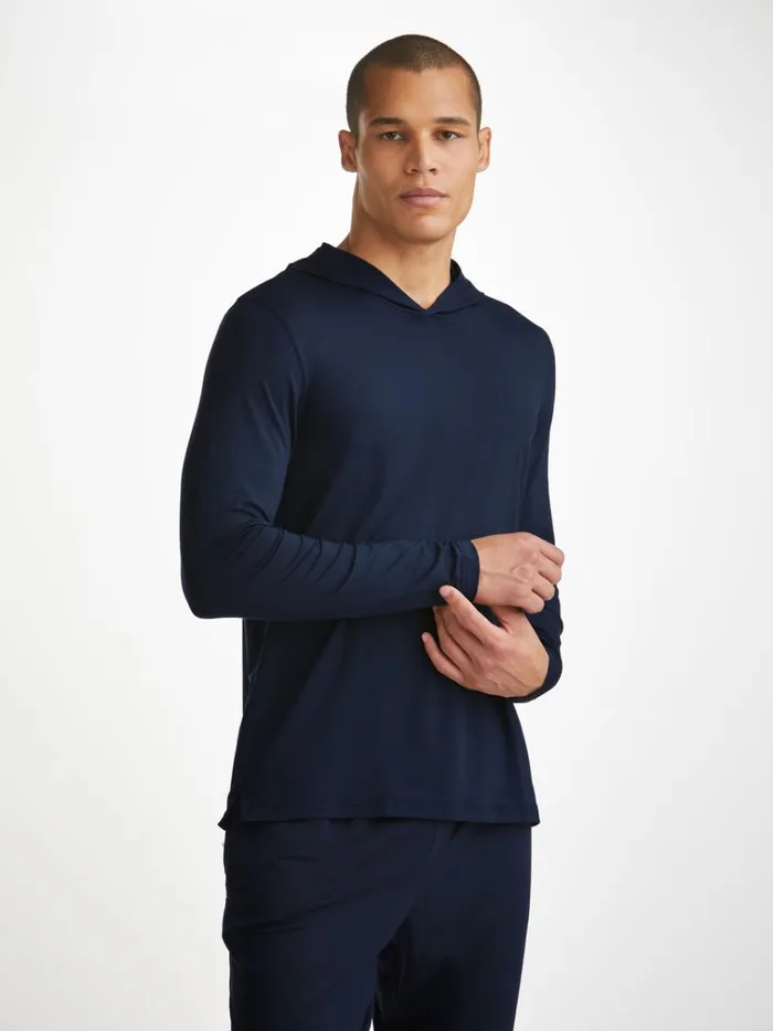 Hooded Tops Men Derek Rose Pullover Hoodie Basel Micro Modal Stretch Navy