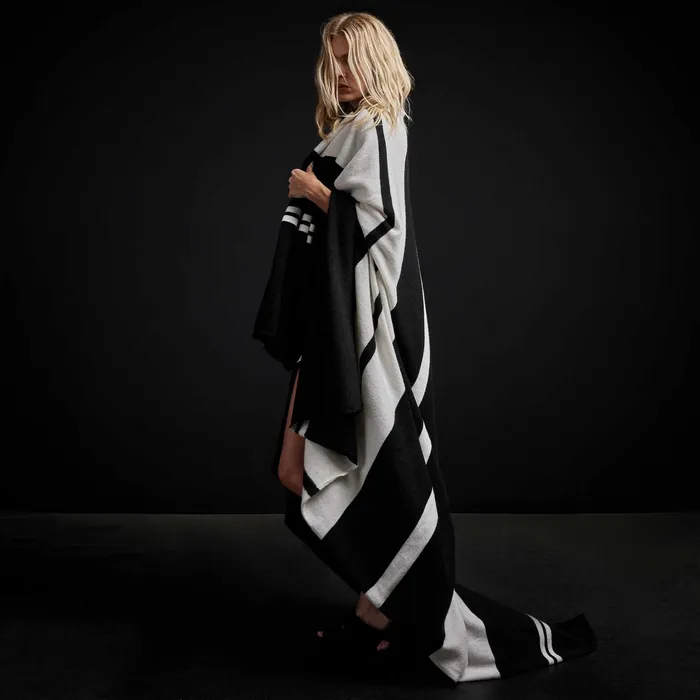 HOUSE James Perse Grey Cape Collection Cashmere Stripe Knit Blanket Blackwhite