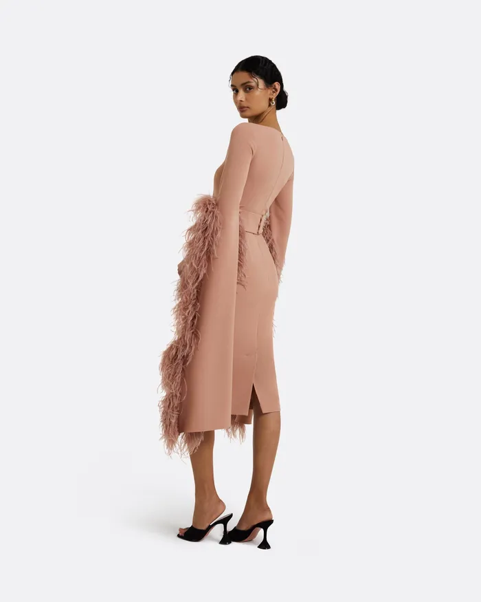 Icons Safiyaa Women Octavia Dusty Pink FeatherTrimmed Midi Dress Dusty Pink