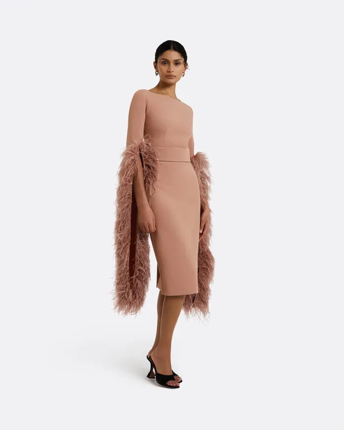 Icons Safiyaa Women Octavia Dusty Pink FeatherTrimmed Midi Dress Dusty Pink