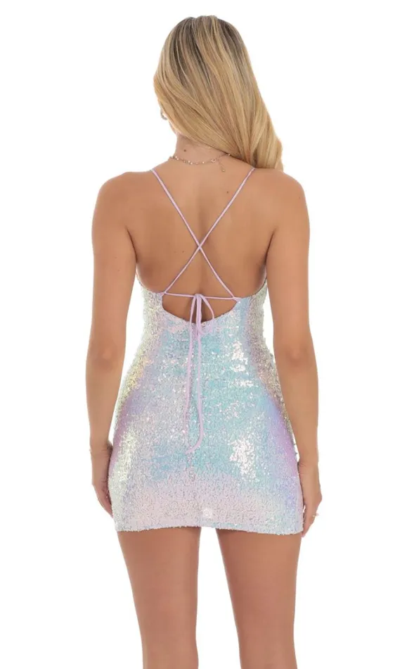 Iridescent Sequin Ruched CrossBack Dress Lavender Women LUCY IN THE SKY Mini Dresses