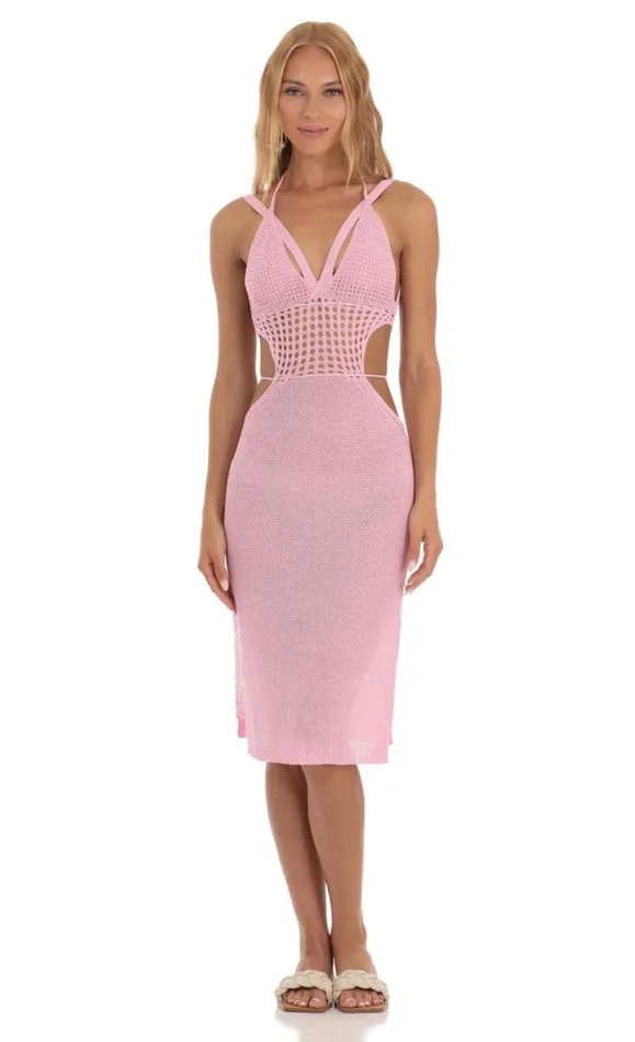 Ixora Crochet Cutout Midi Dress Pink Women LUCY IN THE SKY Midi Dresses