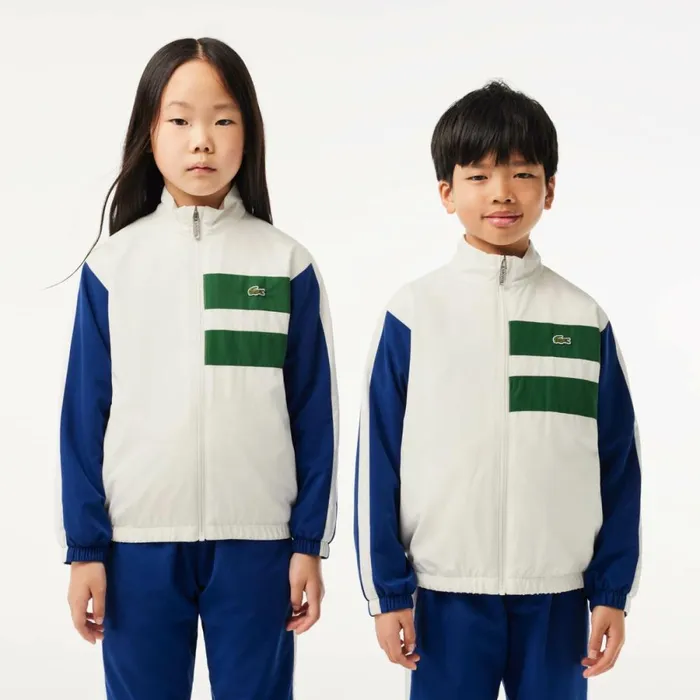 Jackets and Coats Kids Lacoste Kids039 Sweatsuit ZipUp Colorblock Track Jacket White Navy Blue Green Iu6