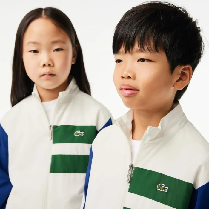 Jackets and Coats Kids Lacoste Kids039 Sweatsuit ZipUp Colorblock Track Jacket White Navy Blue Green Iu6