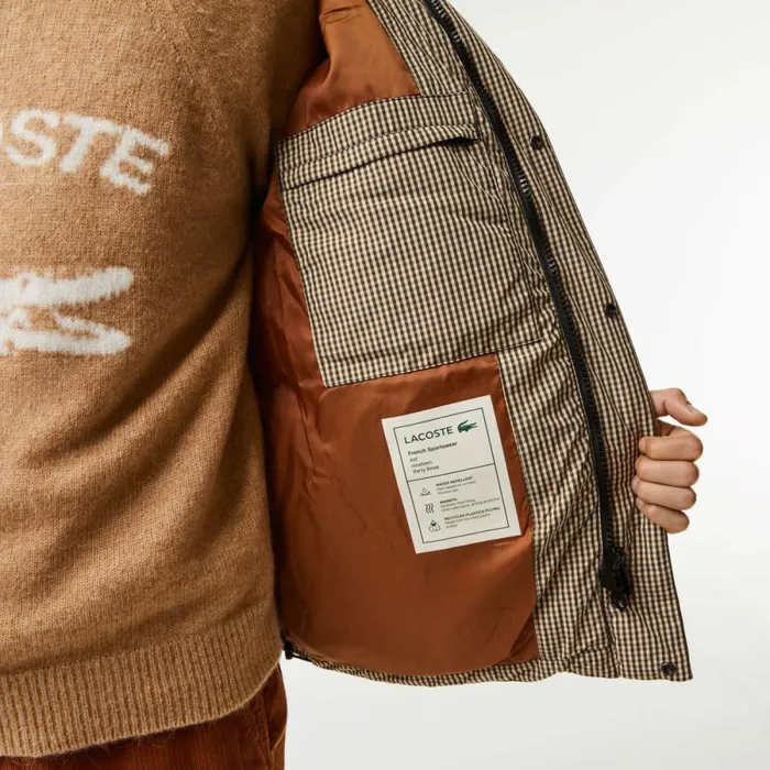 Jackets and Coats Men Lacoste Men039s Check Print WaterRepellent Twill Padded Jacket Beige Navy Blue White Khaki Green 87e