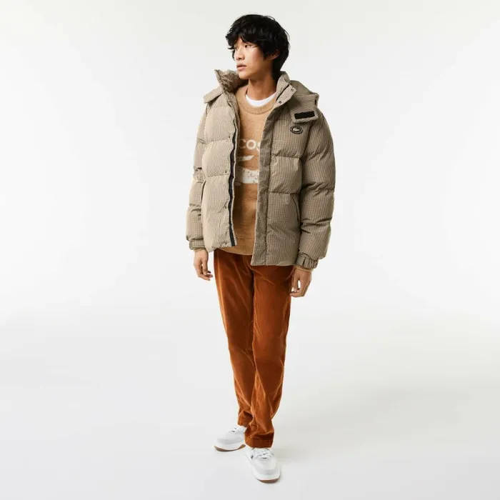 Jackets and Coats Men Lacoste Men039s Check Print WaterRepellent Twill Padded Jacket Beige Navy Blue White Khaki Green 87e