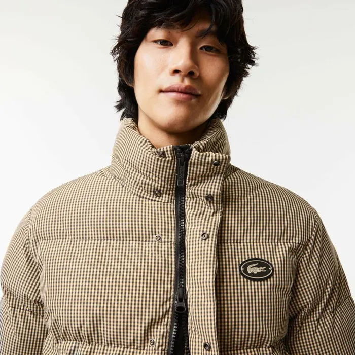 Jackets and Coats Men Lacoste Men039s Check Print WaterRepellent Twill Padded Jacket Beige Navy Blue White Khaki Green 87e