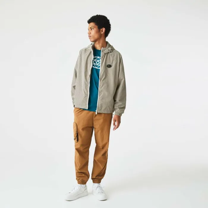 Jackets and Coats Men Lacoste Men039s Hooded Check Twill Jacket Beige Navy Blue White Khaki Green 87e