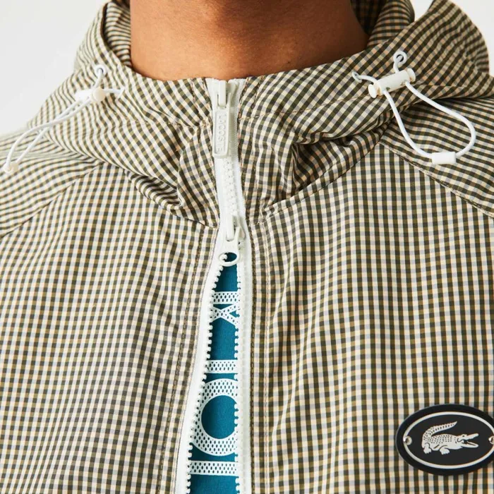 Jackets and Coats Men Lacoste Men039s Hooded Check Twill Jacket Beige Navy Blue White Khaki Green 87e