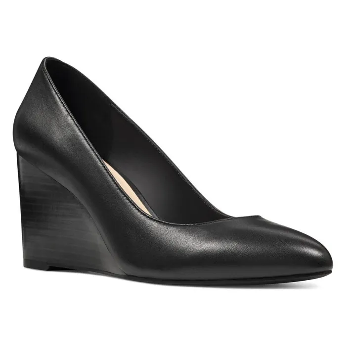 Jazzin Almond Toe Wedges Black Leather Women Nine West Heels
