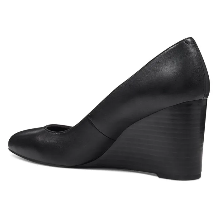 Jazzin Almond Toe Wedges Black Leather Women Nine West Heels