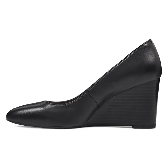 Jazzin Almond Toe Wedges Black Leather Women Nine West Heels